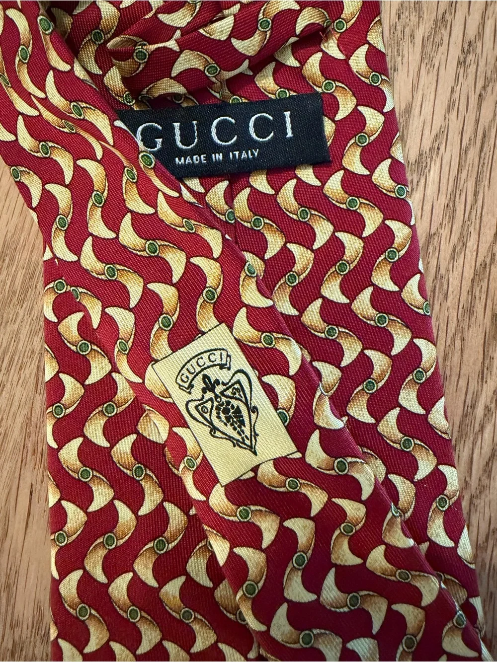 Vintage Gucci Silk Tie Red Gold Wave Abstract Geometric - Made in Italy